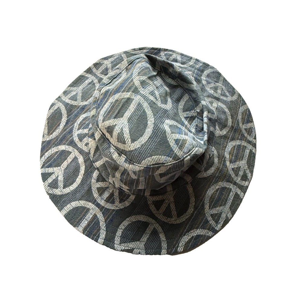 Lakhays Peace Signs Bucket Hat w/Drawstring Blue/Gray/White 100% Cotton Nepal